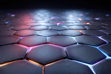 Fototapeta premium Glowing hexagon tile surface forming vibrant honeycomb grid, seamless geometric pattern
