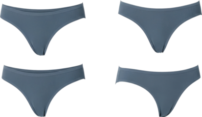 Four identical pairs of seamless blue thong underwear for women.