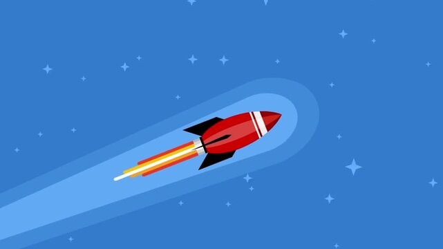 Red rocket streaks across a blue night sky, white nose cone, yellow flame, dotted stars. over stars