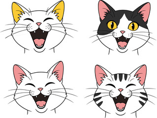 Obraz premium Happy laughing cat face vector set, cute cartoon feline expressions with open mouth smiles for emojis, stickers, messaging apps, games, kids illustrations