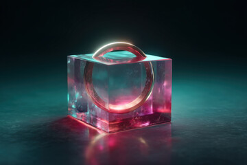 Vibrant glowing digital halo ring floating above a cube casting colorful light and shadows