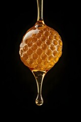 Premium Macro Food Photography of Golden Honeycomb Dripping Honey on Black Velvet Background
