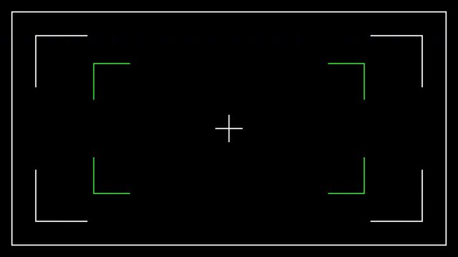 Camera viewfinder frame with focus target and flash light animation, concept for photography, cinematography, and surveillance theme. 4K video