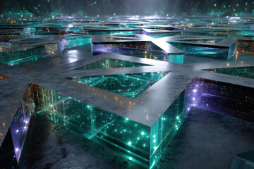 Futuristic abstract 3D render of intersecting triangle and square mesh networks on planes