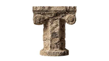 Ancient stone letter T carved from rough rock texture archaeological typography artifact isolated on white background