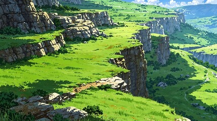 Vibrant Anime Landscape Illustration of Lush Green Cliffs and Expansive Mountain Valleys