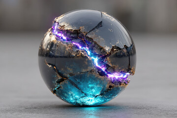 Metallic orb with bright equatorial crack emitting radiant light in dark space