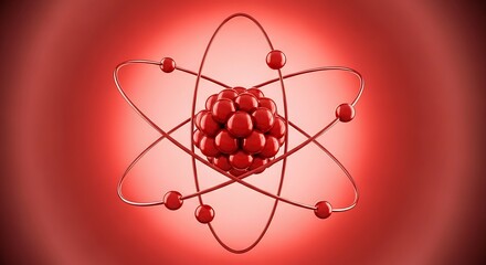 Atomic Structure - Vibrant Red 3D Render of Nucleus and Orbiting Electrons.