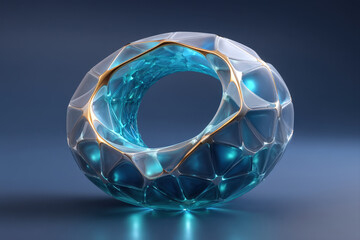 Futuristic glowing hollow sphere made of illuminated triangular panels with dark interior space