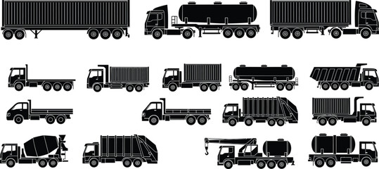 Commercial truck silhouettes set, cargo transport vehicles collection including tanker, dump, flatbed and delivery trucks, black logistics vector illustration © Parvej Creatives