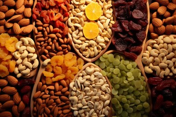 Obraz premium Assorted bowls of nutritious dried fruits and nuts creating a wholesome snack display