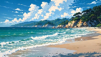 Vibrant Anime Style Coastal Landscape with Sandy Beach, Azure Ocean Waves, and Verdant Cliffs Under a Blue Sky