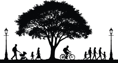 Park scene silhouette, family walking, tree and bicycle, outdoor activity, black vector art, peaceful moment, community life, minimal style, nature concept