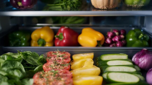 Display of Fresh Colorful Vegetables in a Refrigerator Crisper Drawer for Healthy Cooking