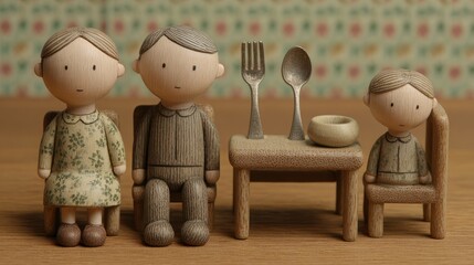 Wooden Doll Family Sitting at Dining Table with Fork Spoon and Bowl in Cozy Home Setting