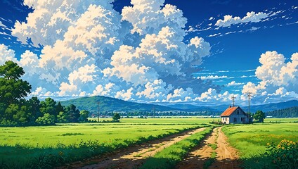 Vibrant Anime Countryside Landscape with Green Fields, Winding Dirt Path, and a Rustic House under a Majestic Sky with Fluffy Cumulus Clouds