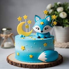Obraz premium Adorable Blue Fox and Starry Moon Cake on Rustic Wood Slice for Whimsical Celebration.