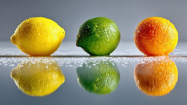 Left-to-right trio on white: lemon, lime, orange, high-sat contrast, perfect for juice packaging, vitamin ad, educational flash card