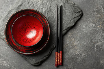 Overhead minimalist table setting with red lacquer bowl and black chopsticks