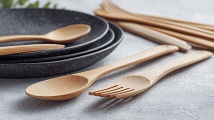 Wooden Spoon and Fork Set with Black and Beige Plates on Light Textured Surface