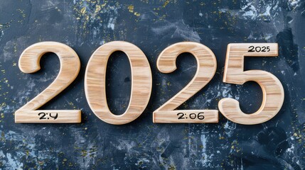 Wooden Numbers 2025 with Date and Time on Dark Textured Surface