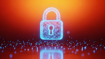 Glowing blue digital padlock icon floats above scattered light particles representing abstract data security and cyber protection concepts