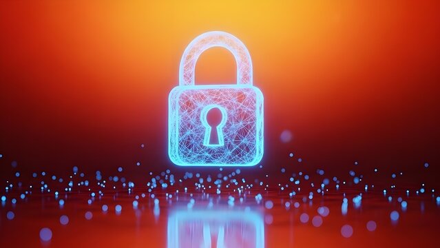 Glowing blue digital padlock icon floats above scattered light particles representing abstract data security and cyber protection concepts - Powered by Adobe