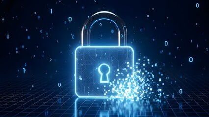 Digital padlock graphic dissolving into binary data particles symbolizes network security data breach protection and encryption concepts
