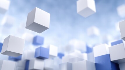 Abstract composition of floating cubes in various shades of blue and white creating a dynamic, modern background for graphic design and digital content.