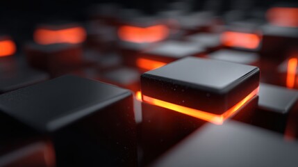 Futuristic close-up view of glowing buttons with an illuminated edge on a dark surface, perfect for technology or digital-themed projects and backgrounds