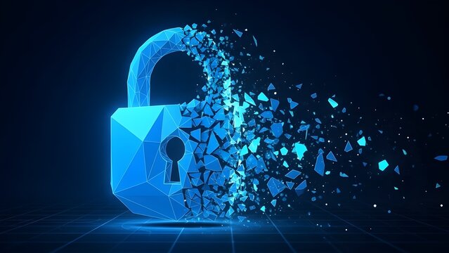 Abstract digital low poly padlock disintegrating into glowing blue shards representing data breach or security failure concept - Powered by Adobe