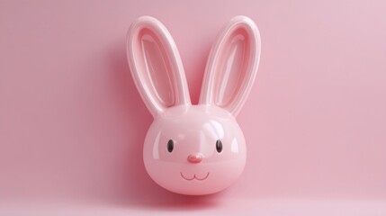 Obraz premium A stylized rabbit face with large oval ears, simple dot eyes, and a small smile line on a smooth pink background,
