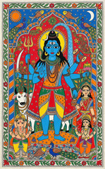 Vibrant Indian painting depicts Lord Shiva with family and divine symbols