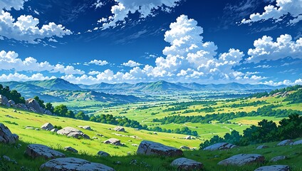 Beautiful Anime Style Landscape Illustration of a Sunny Green Valley and Mountains