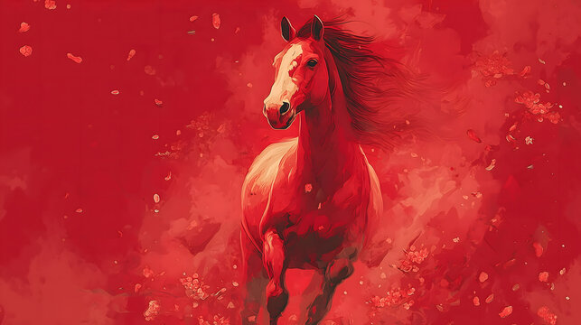 2026 chinese new year, horse, illustrations, ink style, CNY background, horse, red and gold