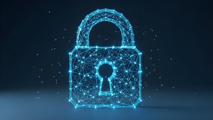 Digital security concept featuring a glowing blue network padlock icon symbolizing data protection and cyber safety abstractly