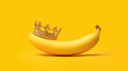 Yellow Banana with Golden Crown on Bright Yellow Background