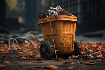 Naklejka premium Yellow wheeled trash can standing full of waste on a ground covered with autumn leaves