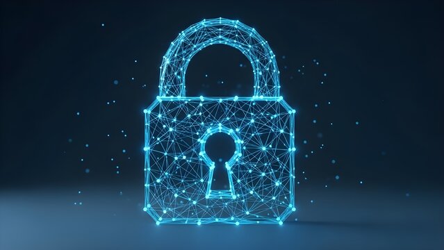 Digital security concept featuring a glowing blue network padlock icon symbolizing data protection and cyber safety abstractly - Powered by Adobe