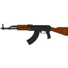 Flat vector illustration of a classic automatic assault rifle with wood finish isolated on a plain background