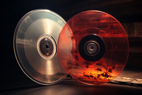 Two transparent cds reflecting a vivid sunset sky on a dark background