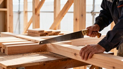 Person cutting wood with saw