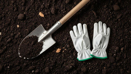 Agricultural tools on soil background shovel and gloves farming concept simple composition