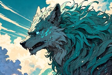 Fantasy anime illustration of a mythical giant wolf with glowing teal eyes