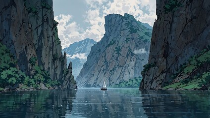 Anime Style Landscape of a Sailboat Navigating Through Steep Cliffs and Still Water