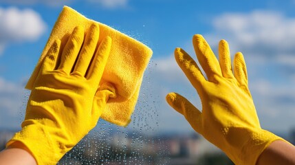 Yellow Gloved Hands Cleaning Window with Sponge and Water in Bright Sunlight