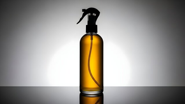 Backlit amber glass spray bottle with black trigger cap stands elegantly on a reflective surface on white background