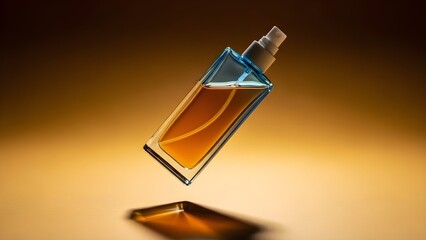Luxurious amber fragrance perfume bottle floating dramatically against a warm glowing golden brown background in studio lighting