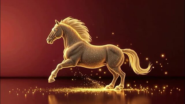 Golden horse running with light particles on a dark background, animation loop sequence.