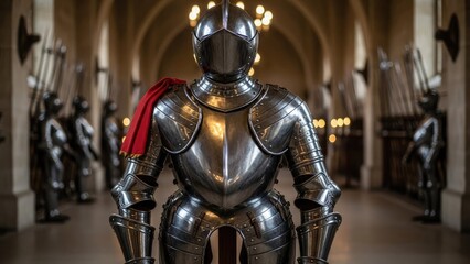 Full Suit of Medieval Knight Armor Displayed in a Grand Castle Hall.
